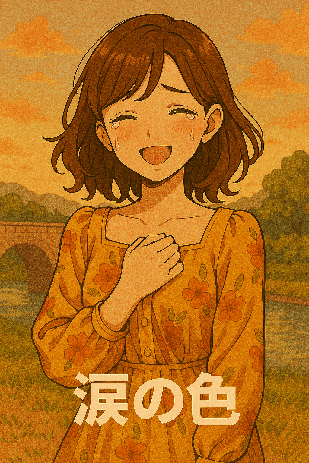 涙を流した女の子が胸に手を当てて泣き笑いの笑顔でこっちを見ている。背景には橋と川、タイトル文字「涙の色」